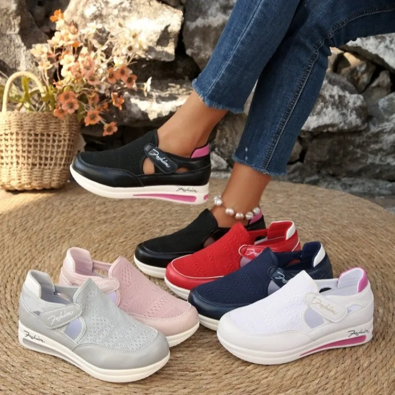 Velcro Hook Loop - Baskets compensées pour femmes à enfiler,